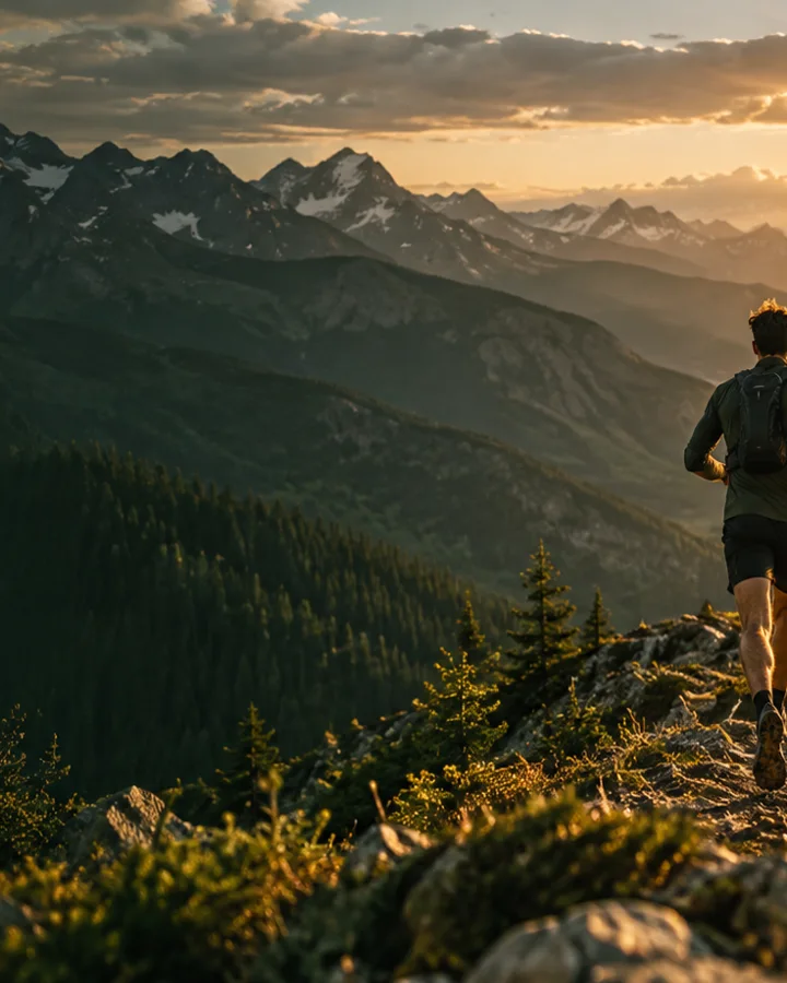 Outdoor endurance athlete preparing for a mountain trail
